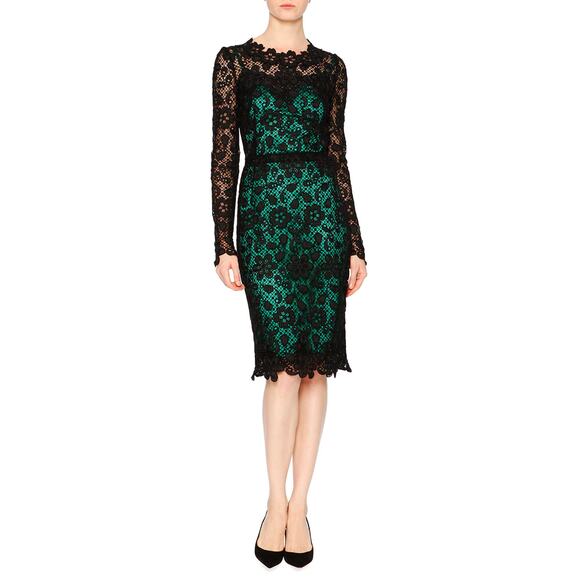 NWT Dolce & Gabbana Black Green Long-Sleeve Lace Dress Contrast Slip IT 44 L - Picture 4 of 15